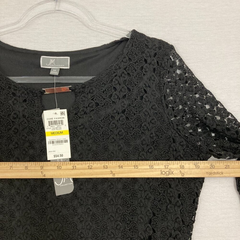 New JM Collection Black Lace Crew Neck Stretch 3/4 Sleeve Pullover Blouse Medium - Picture 7 of 11